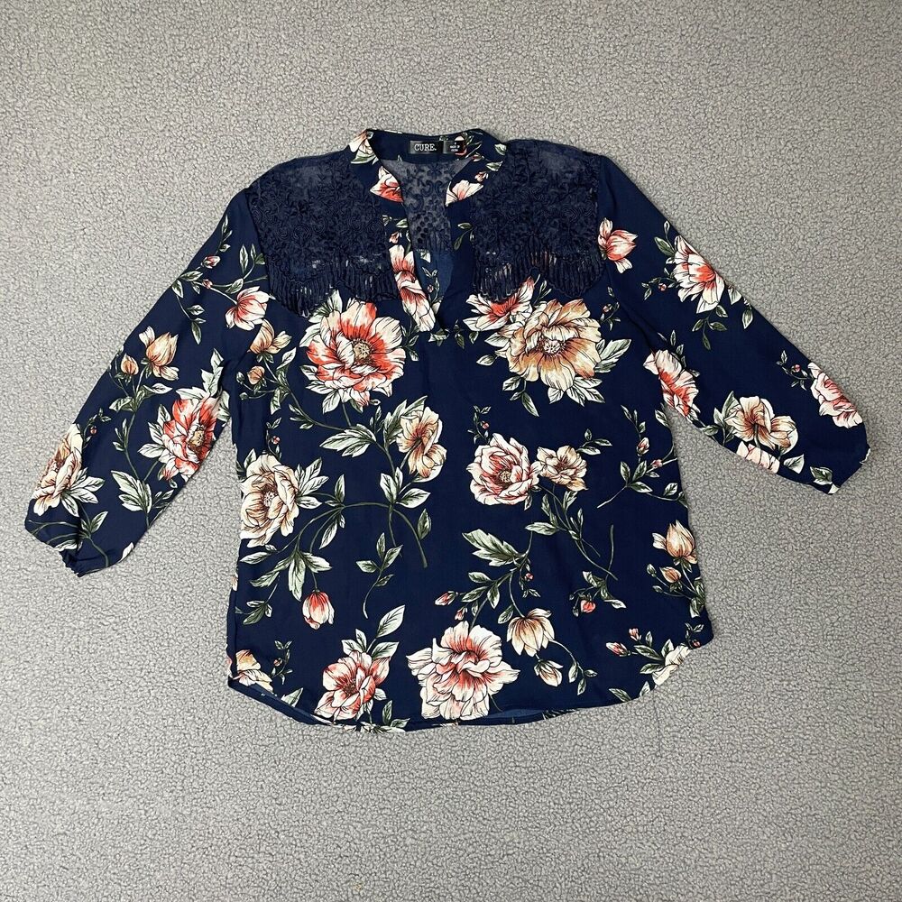 Cure. Womens Small Popover Top Floral V-Neck‎ lace navy blue flowy